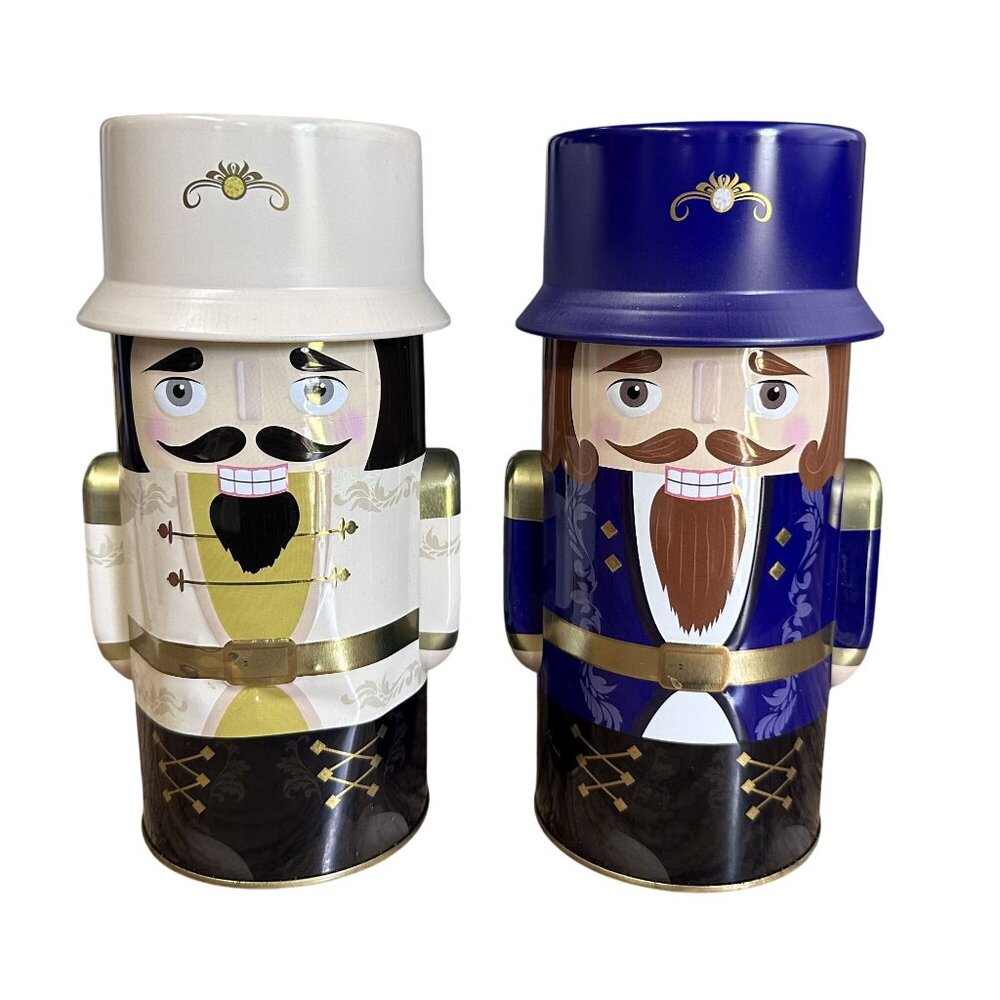 Harry London Christmas Nutcracker Tin Cookie Canisters Two Soldiers With Hats 8"